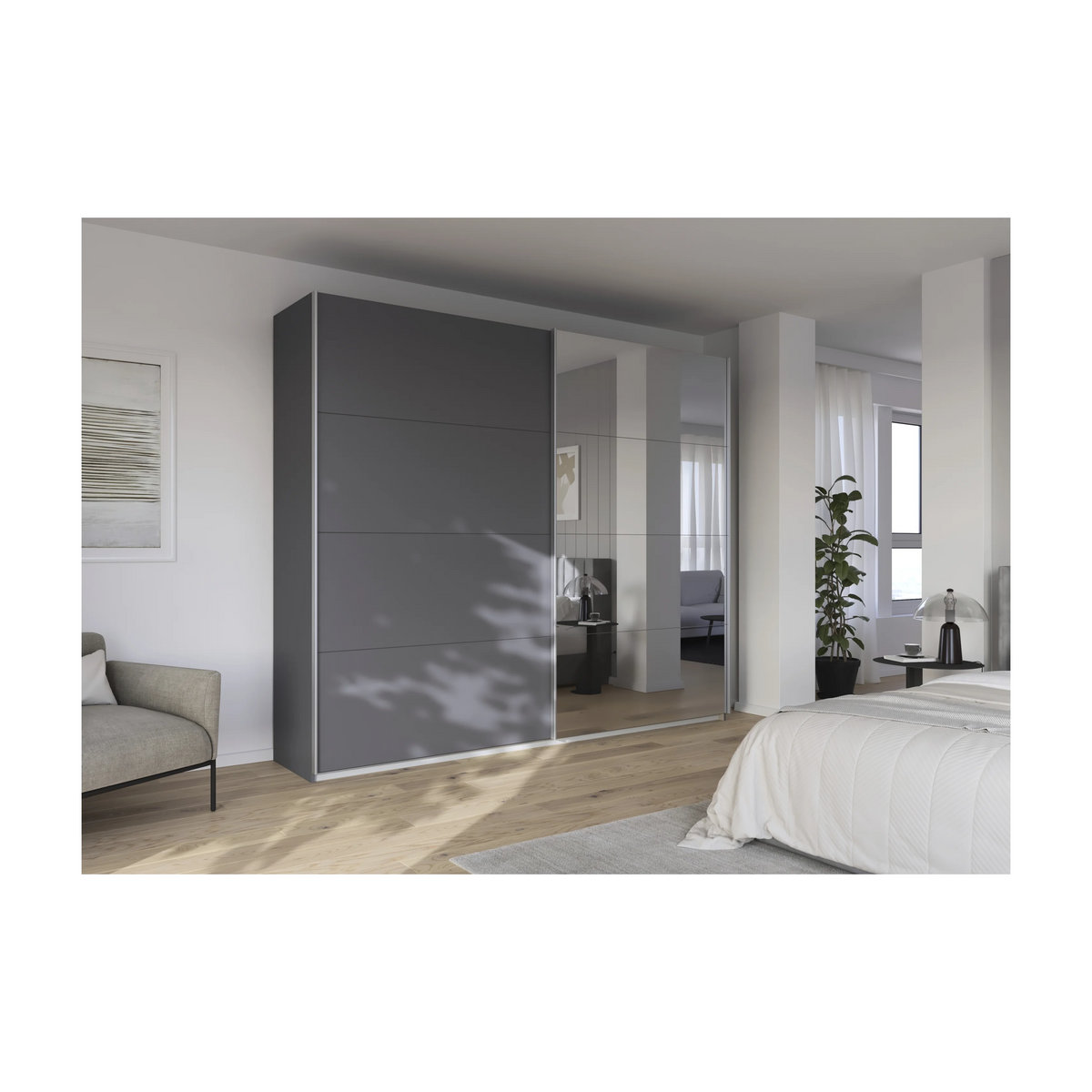 RAUCH Quadra Schwebetürenschrank in Orange und Grau mit Spiegelelementen und Glas, B: 271 cm, H: 230 cm - Bild 2