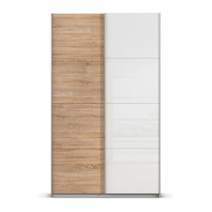 RAUCH Quadra Schwebetürenschrank mit Glaselementen in Orange und Eiche Natur, B: 136 cm, H: 210 cm