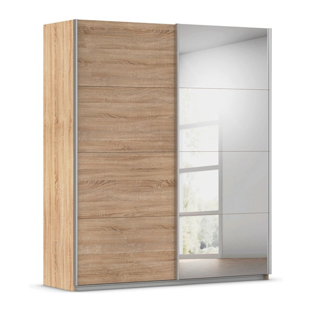 Rauch Quadra Schwebetürenschrank mit Spiegelelementen in Orange und Eiche Natur, B/H: 181 x 210 cm - Bild 1