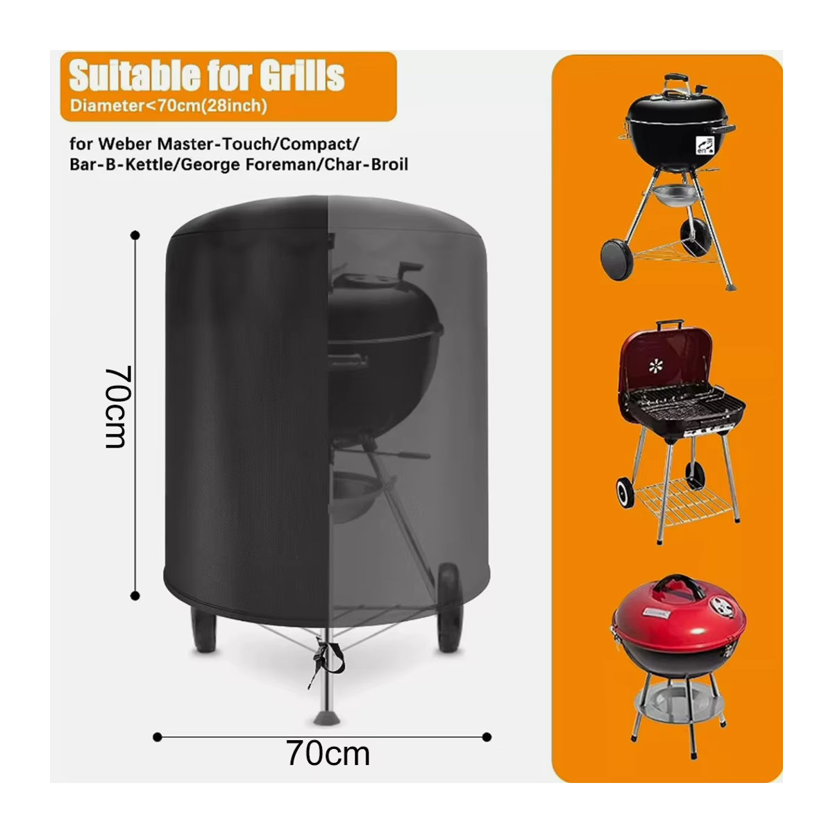 Raweao BBQ Abdeckung Schwarz aus wasserdichtem Oxford-Polyester für runde Grills mit Durchmesser: 57 cm - Bild 2