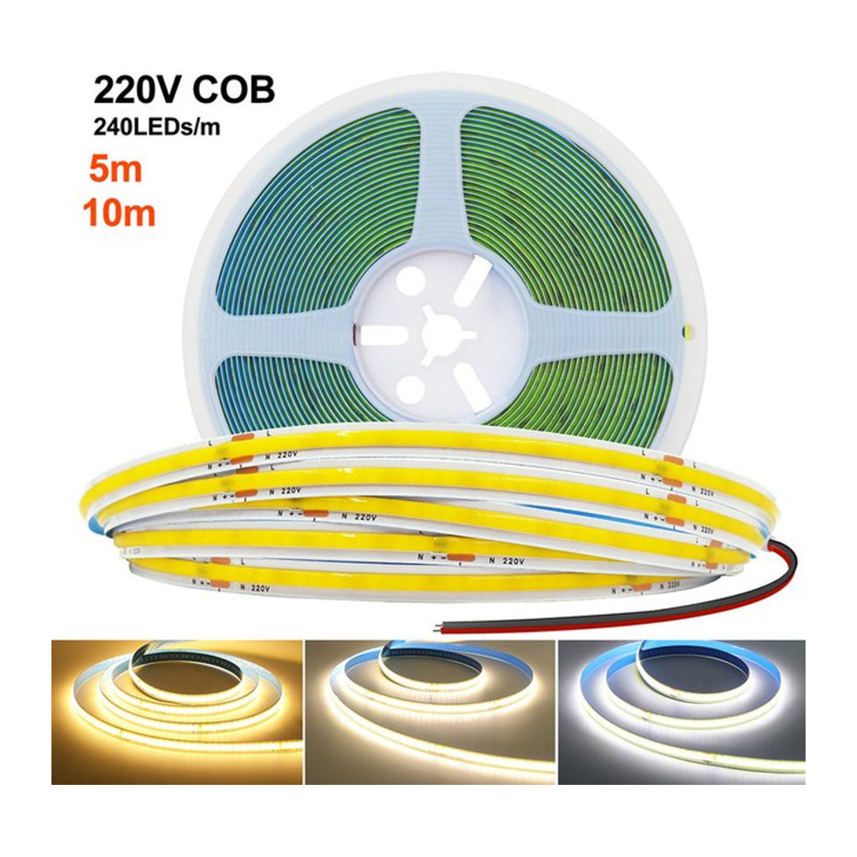 RAZEND Cob-LED-Streifen flexible Bandleuchten mit Gleichrichter 220 V 230 V AC 240 LEDs/m lineare Beleuchtung - Bild 1