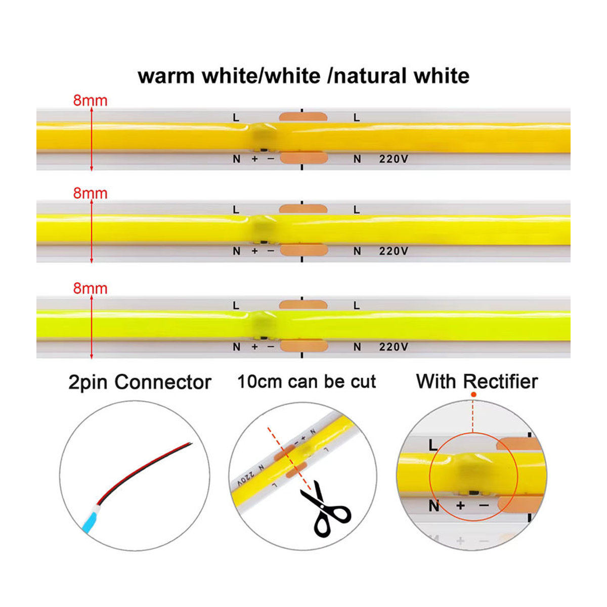 RAZEND Cob-LED-Streifen flexible Bandleuchten mit Gleichrichter 220 V 230 V AC 240 LEDs/m lineare Beleuchtung - Bild 2