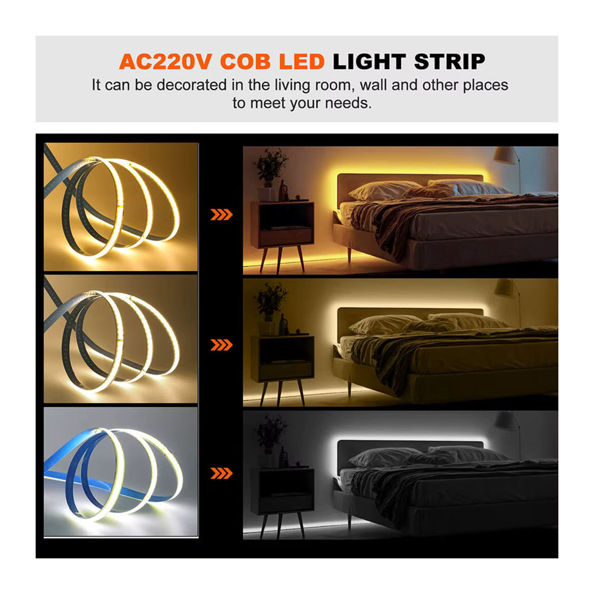 RAZEND Cob-LED-Streifen flexible Bandleuchten mit Gleichrichter 220 V 230 V AC 240 LEDs/m lineare Beleuchtung - Bild 4