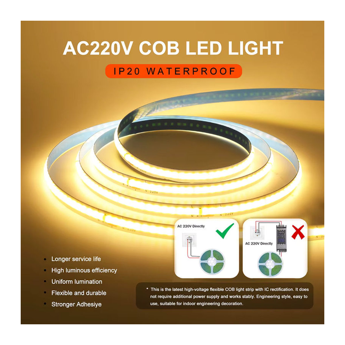 RAZEND Cob-LED-Streifen flexible Bandleuchten mit Gleichrichter 220 V 230 V AC 240 LEDs/m lineare Beleuchtung - Bild 5