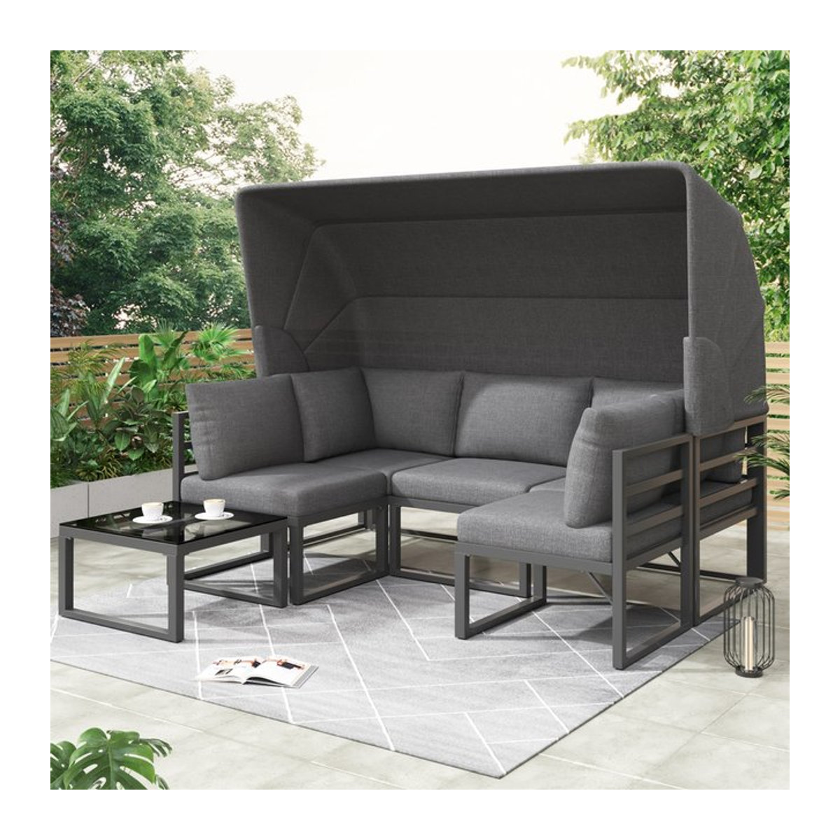 Rbefeuly Garten-Lounge-Set in Grau aus Metall, moderne Sitzgruppe mit Tisch und wetterfesten Balkonhockern - Bild 1