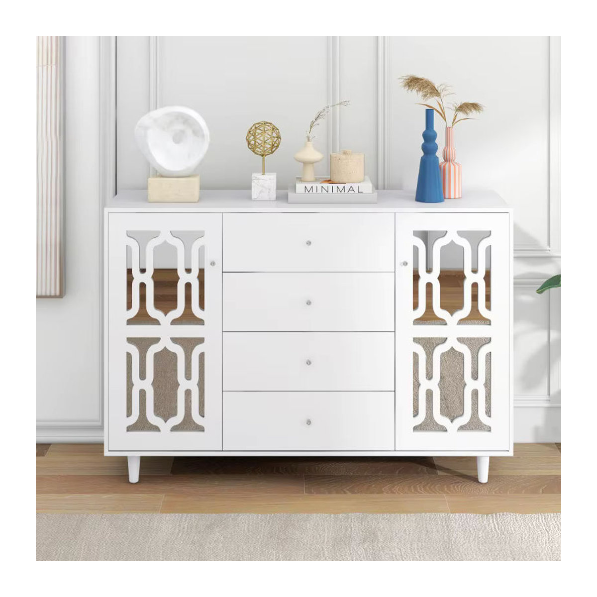Rbefeuly Moderner TV-Schrank in Weiß mit Spiegelfläche und Kristallgriffen, B/T/H: 147,5 x 40 x 102 cm - Bild 2