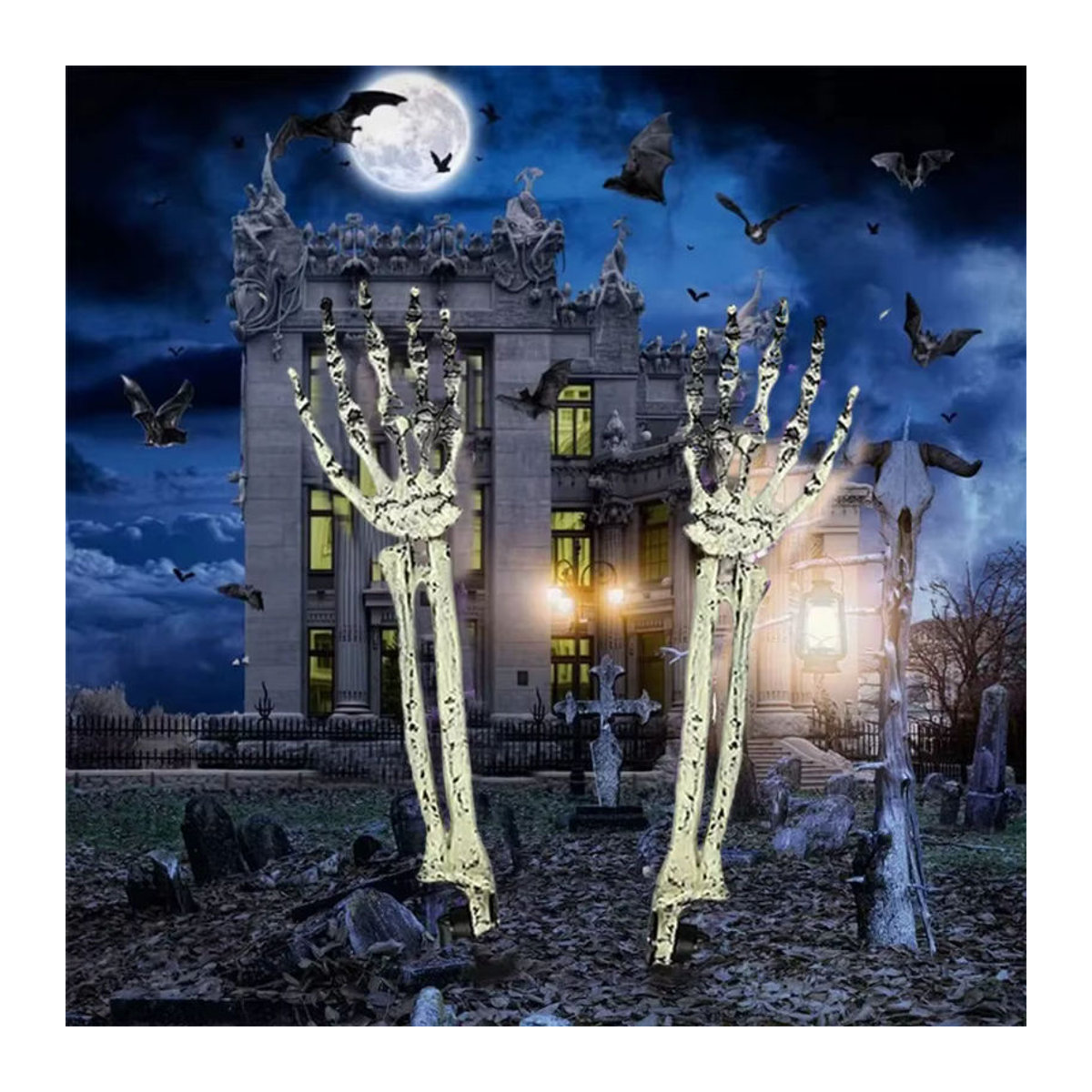 Realistischer Halloween-Schädel mit Skelettkopf und menschlichen Handarmen in Weiß aus Kunststoff zur Dekoration - Bild 3