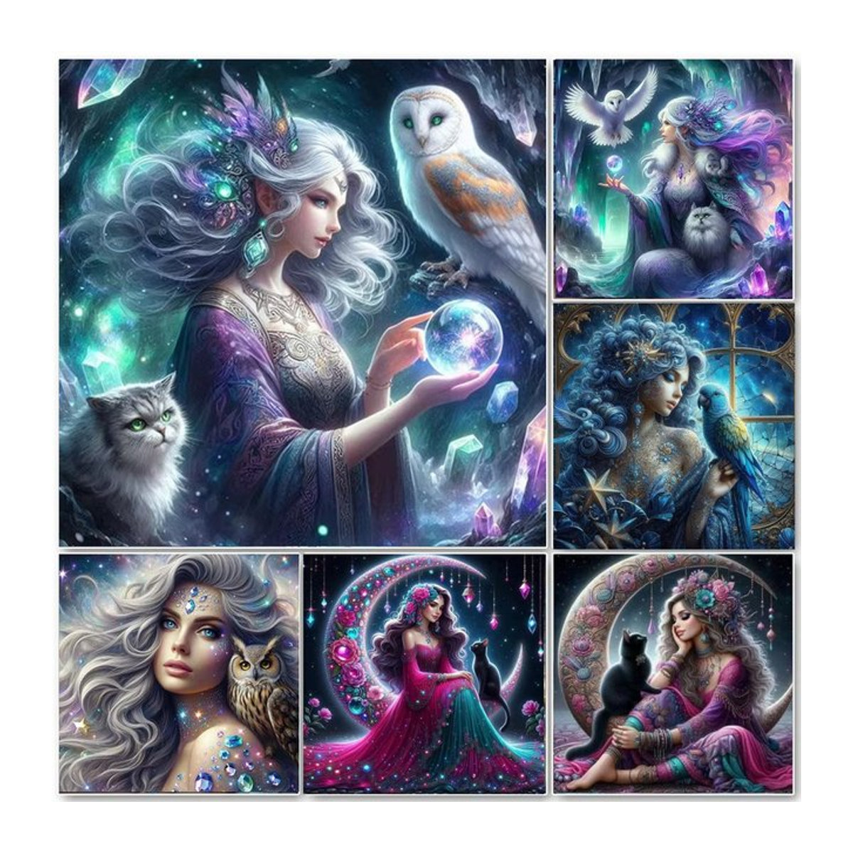 RealShining 5D DIY Diamantmalerei Set mit Mond, Frau, Eule, Papagei und Katze in floralem Design, mehrfarbig, Wandmontage - Bild 1