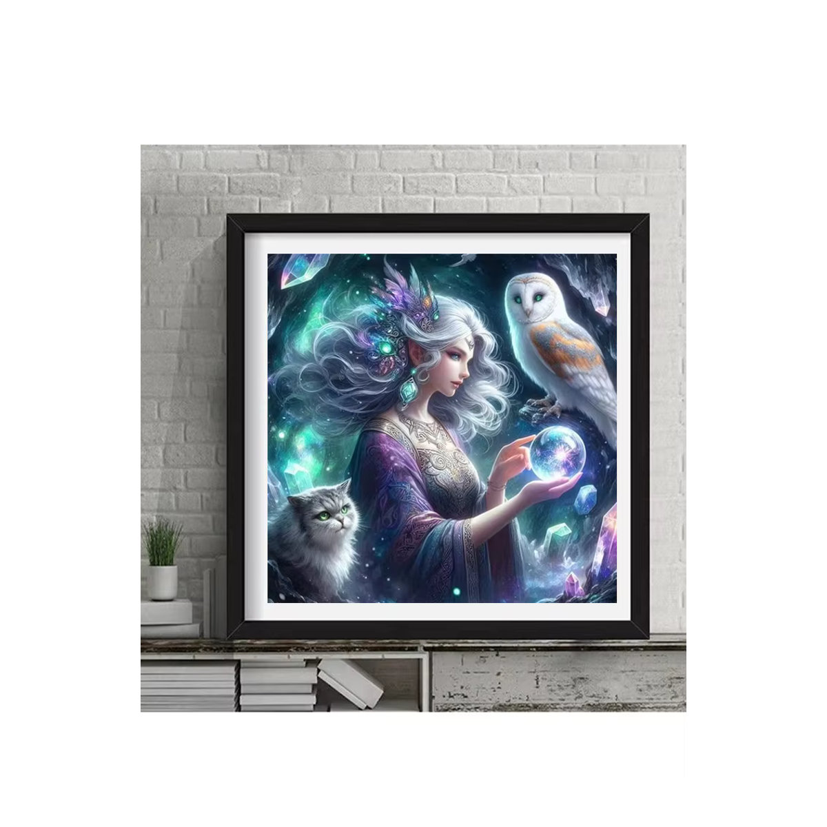 RealShining 5D DIY Diamantmalerei Set mit Mond, Frau, Eule, Papagei und Katze in floralem Design, mehrfarbig, Wandmontage - Bild 3