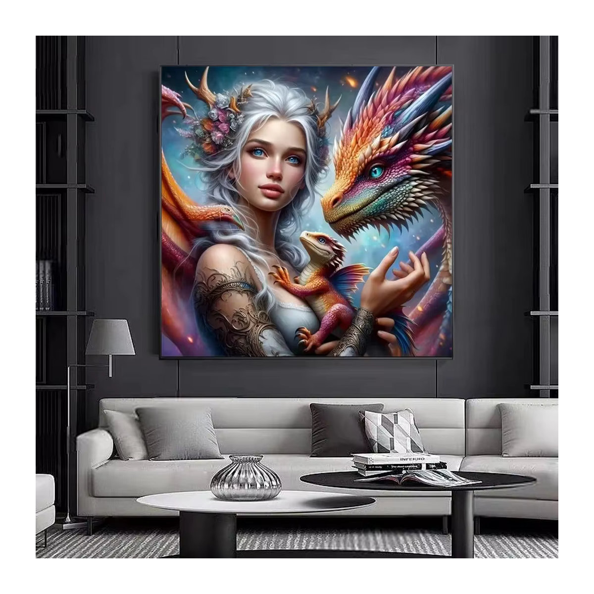 RealShining DIY Diamantmalerei Set mit Drache, Frau und Rosen im 5D Mosaik-Stil, mehrfarbig, quadratisch, zur Wandmontage - Bild 2