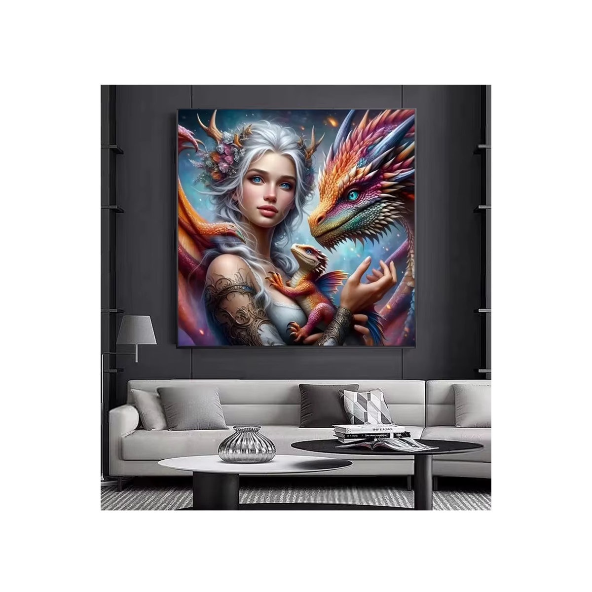 RealShining DIY Diamantmalerei Set mit Drache, Frau und Rosen im 5D Mosaik-Stil, mehrfarbig, quadratisch, zur Wandmontage - Bild 3