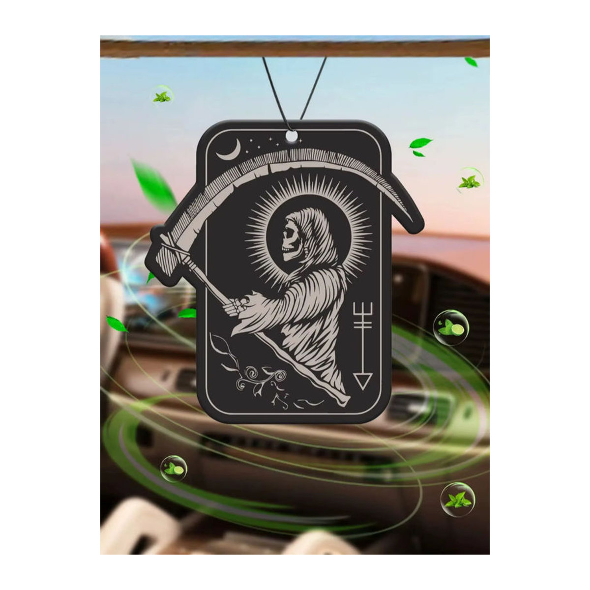 Reaper Autoduft mit Totenkopf-Horrorsichel und Tarotkarten Design in Schwarz, Duftrichtung Meeresbrise, Unisex Lufterfrischer mit Vintage-Muster - Bild 6