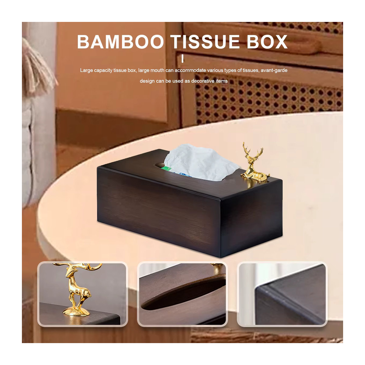 Rechteckige Bambus-Taschentuchbox mit Hirsch-Dekor aus Goldlegierung in Braun - Bild 5