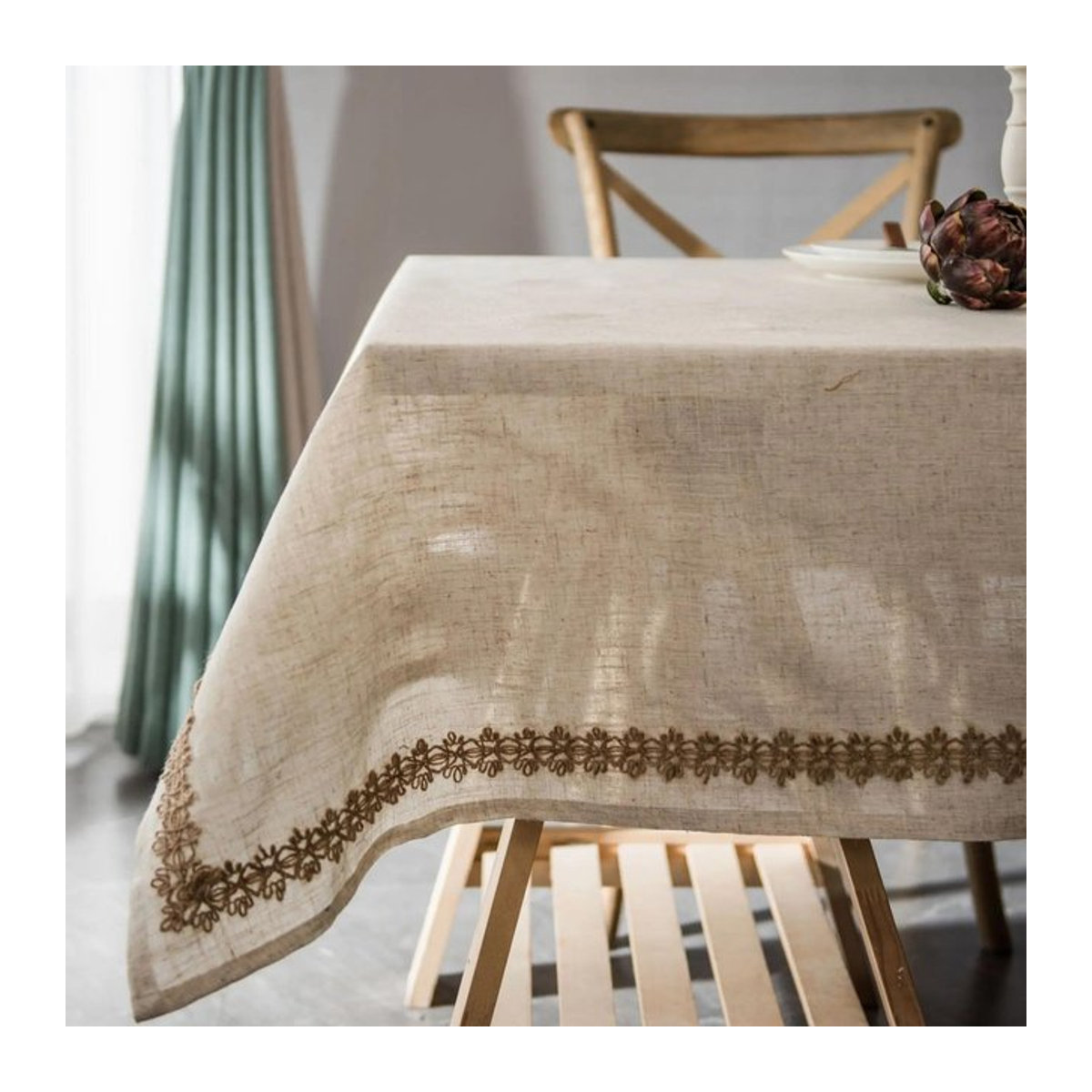 Rechteckige Tischdecke aus Baumwolle und Leinen mit Spitze und Bindfaden von Super Six in Beige, B: 150 cm, L: 350 cm - Bild 1