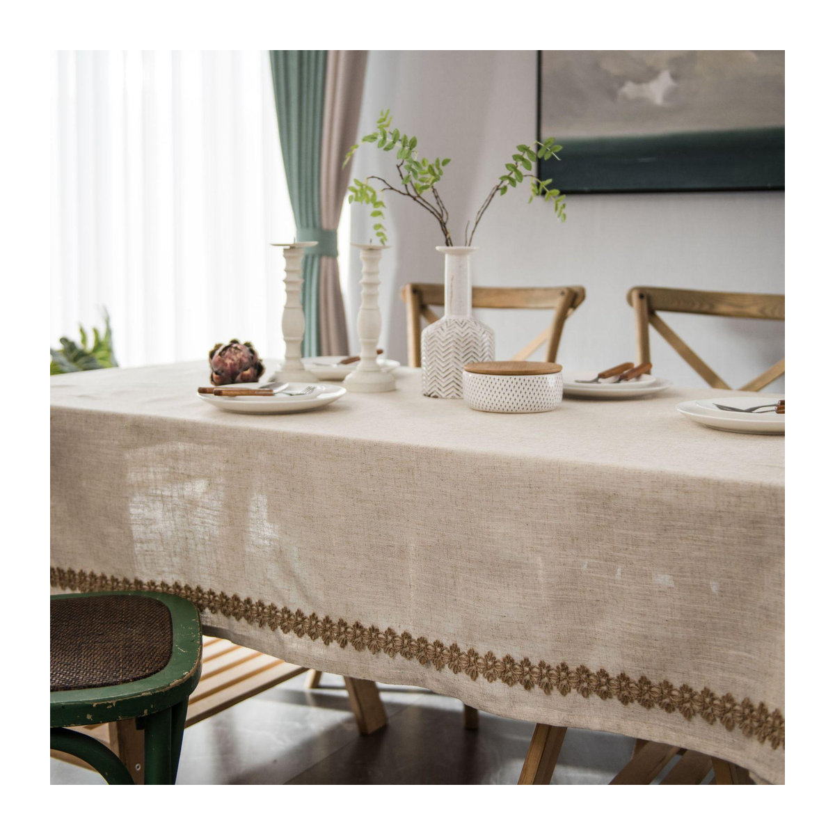 Rechteckige Tischdecke aus Baumwolle und Leinen mit Spitze und Bindfaden von Super Six in Beige, B: 150 cm, L: 350 cm - Bild 3
