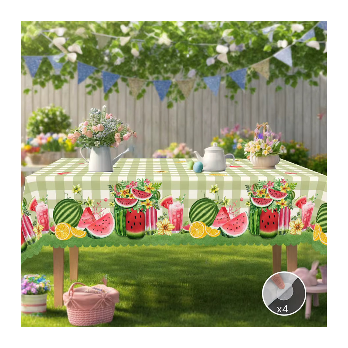 Rechteckige Tischdecke mit Sommer-Obstdruck Wassermelone und grünem Karomuster in Grün und Mehrfarbig - Bild 1