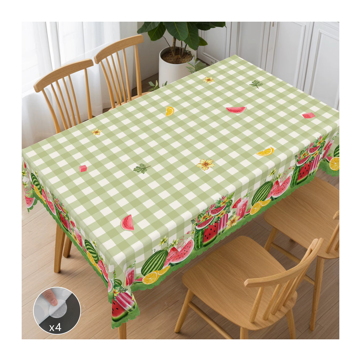 Rechteckige Tischdecke mit Sommer-Obstdruck Wassermelone und grünem Karomuster in Grün und Mehrfarbig - Bild 2