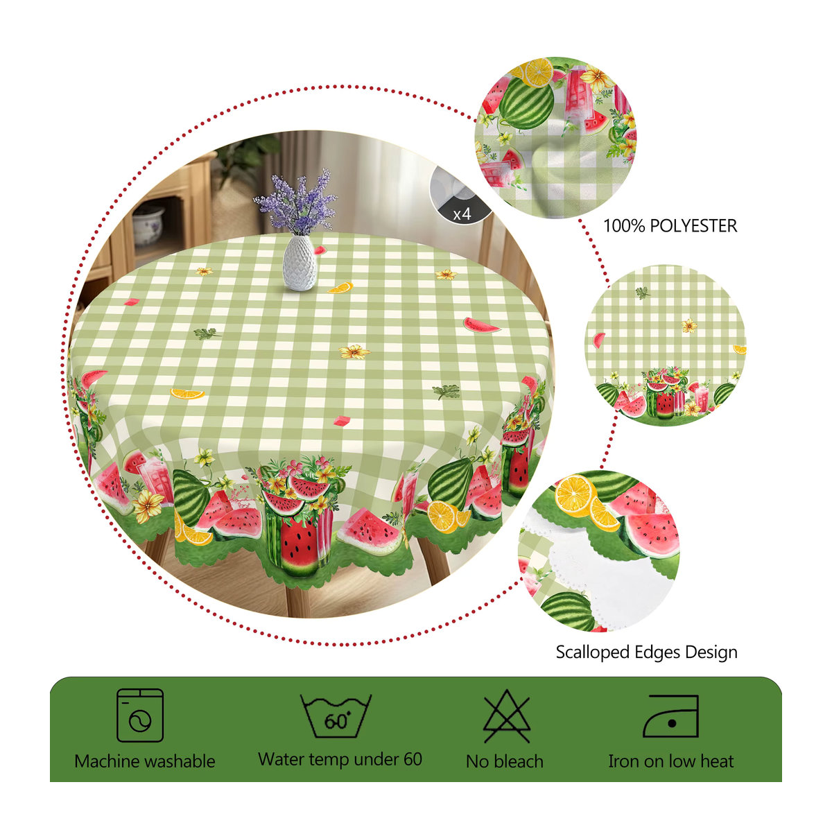 Rechteckige Tischdecke mit Sommer-Obstdruck Wassermelone und grünem Karomuster in Grün und Mehrfarbig - Bild 4