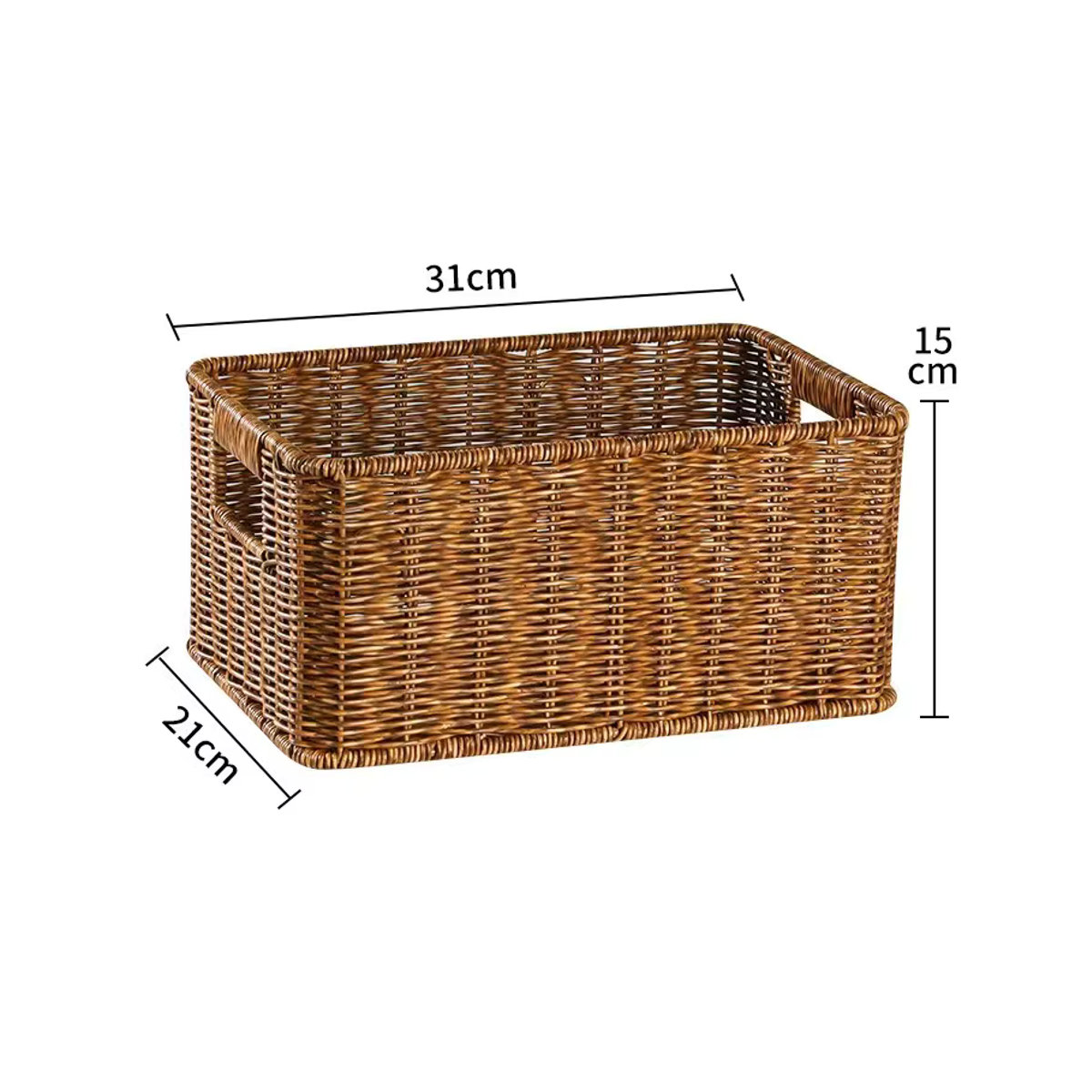 Rechteckiger Aufbewahrungskorb in Rattan-Optik mit Griffen, braun, wasserdicht, ideal als Organizer für Regale und Speisekammer im Landhausstil - Bild 3