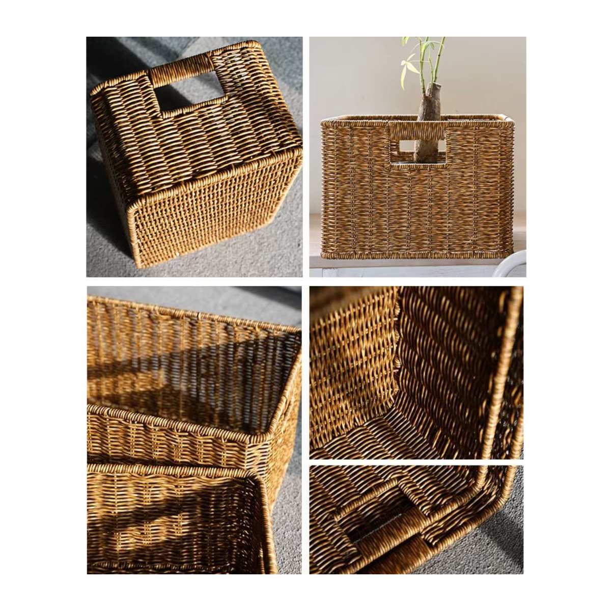 Rechteckiger Aufbewahrungskorb in Rattan-Optik mit Griffen, braun, wasserdicht, ideal als Organizer für Regale und Speisekammer im Landhausstil - Bild 4