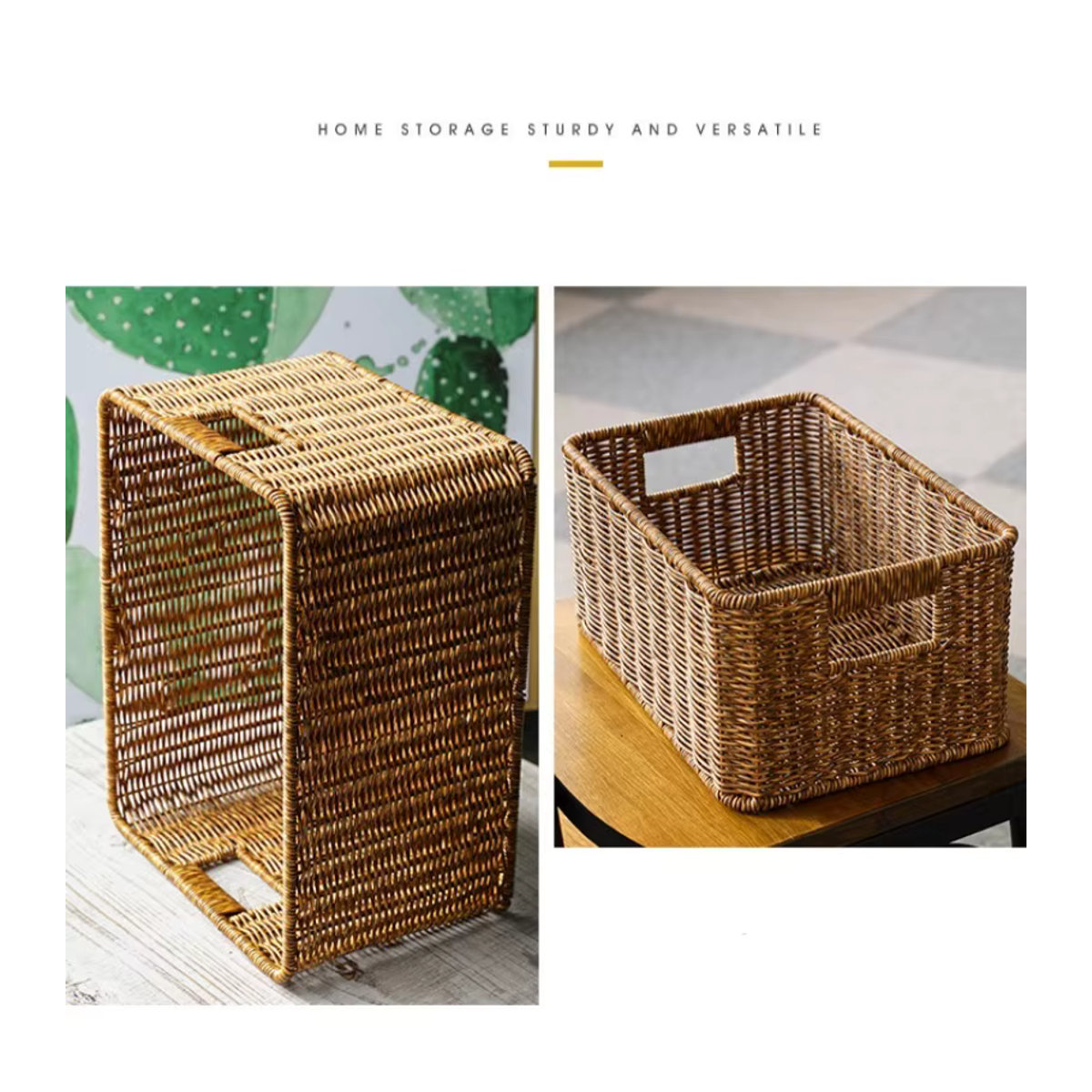 Rechteckiger Aufbewahrungskorb in Rattan-Optik mit Griffen, braun, wasserdicht, ideal als Organizer für Regale und Speisekammer im Landhausstil - Bild 5