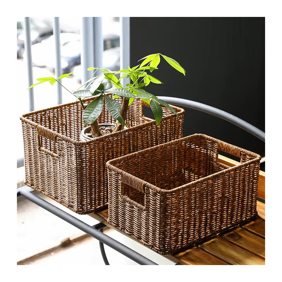 Rechteckiger Aufbewahrungskorb in Rattan-Optik mit Griffen, braun, wasserdicht, ideal als Organizer für Regale und Speisekammer im Landhausstil - Bild 6