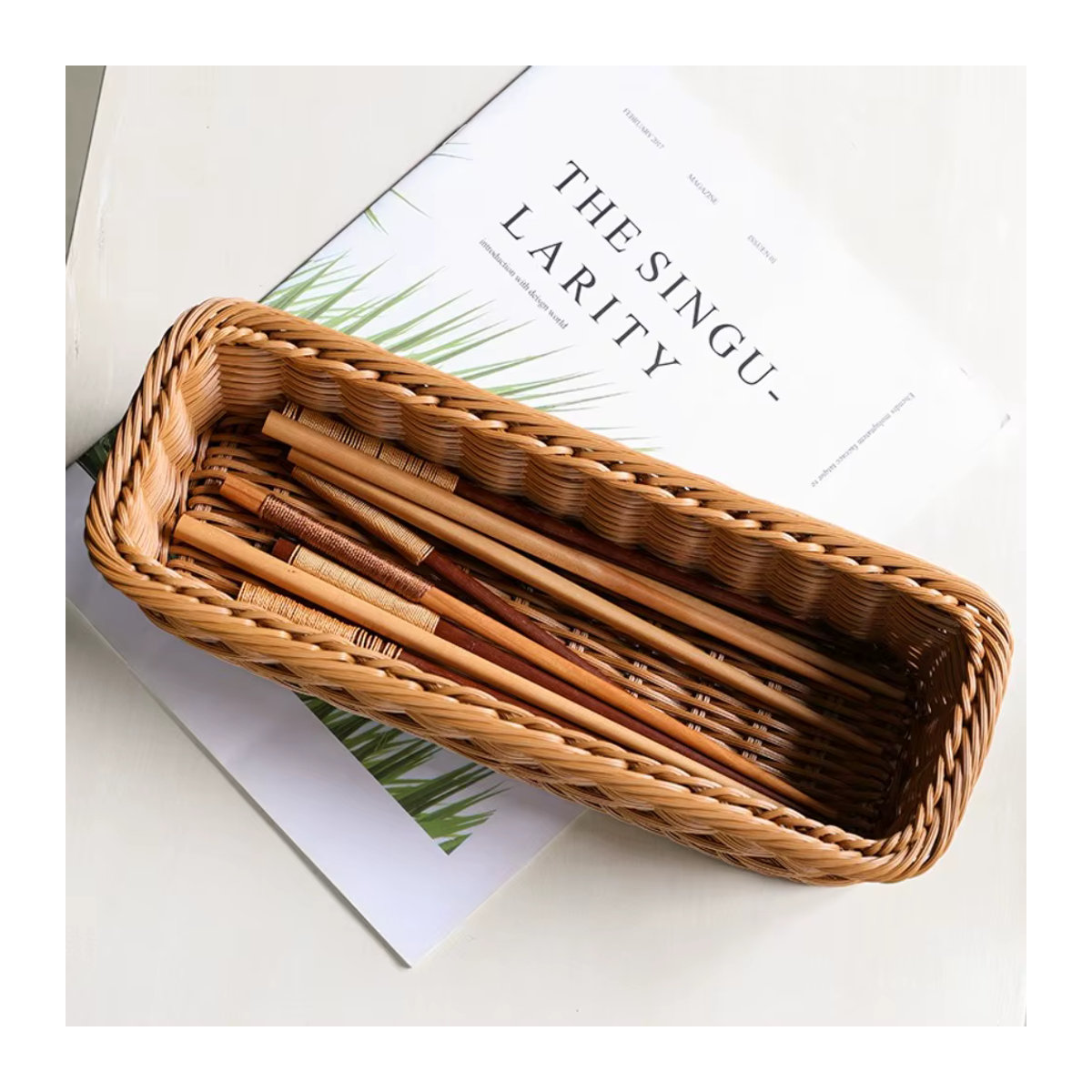Rechteckiges Aufbewahrungstablett in Rattan-Optik aus Kunststoff, braun, rustikale Dekobox für Brot, Obst oder Schreibtisch-Organisation - Bild 3