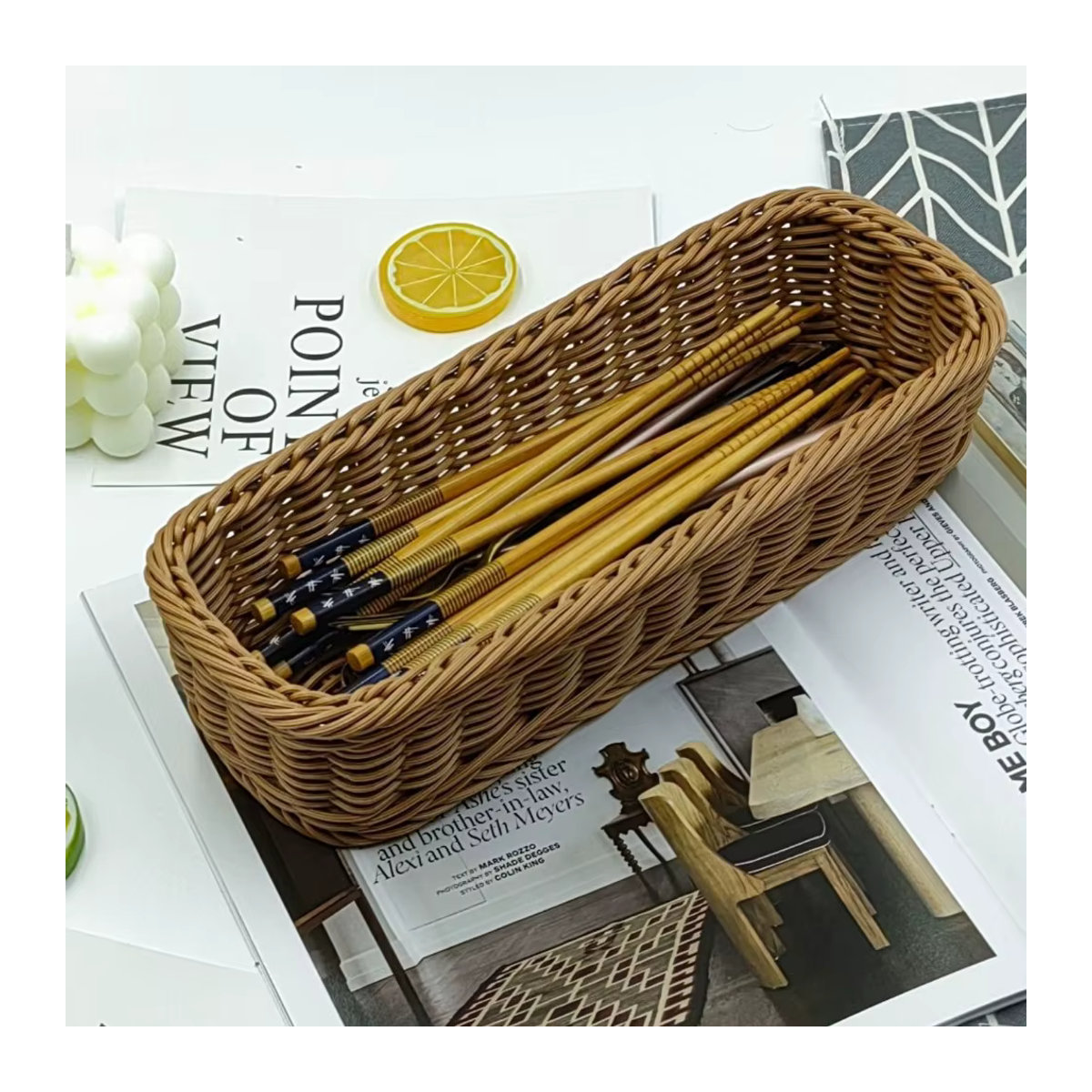 Rechteckiges Aufbewahrungstablett in Rattan-Optik aus Kunststoff, braun, rustikale Dekobox für Brot, Obst oder Schreibtisch-Organisation - Bild 4