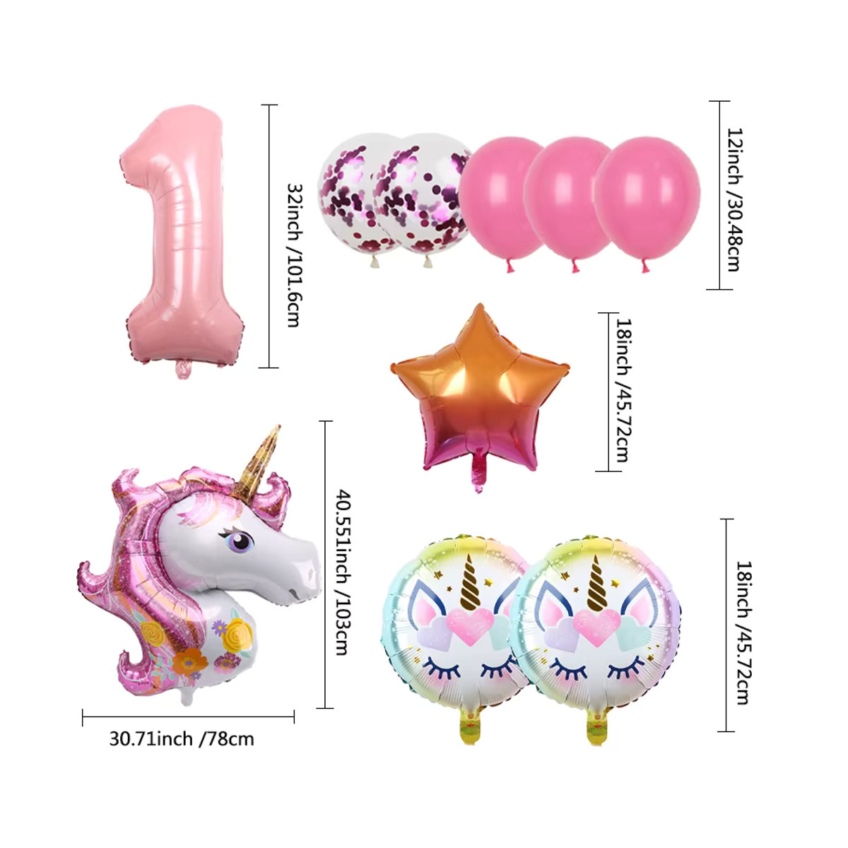 Regenbogen Einhorn Folienballon Set in Mehrfarbig für Kindergeburtstag und Baby Shower Dekoration, Durchmesser: 81,28 cm - Bild 2