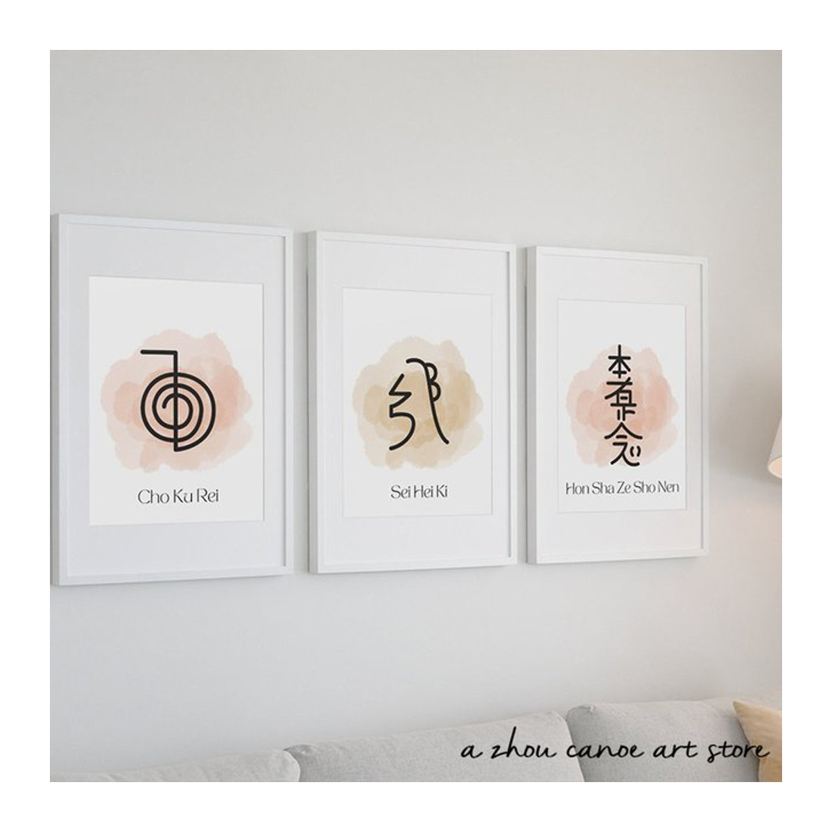 Reiki-Symbole Kunstposter als Leinwandgemälde mit Cho Ku Rei, Say He Ki und Dai Ko Myo in Weiß, minimalistisches Wandbild für Klinik und Heimdekoration - Bild 1