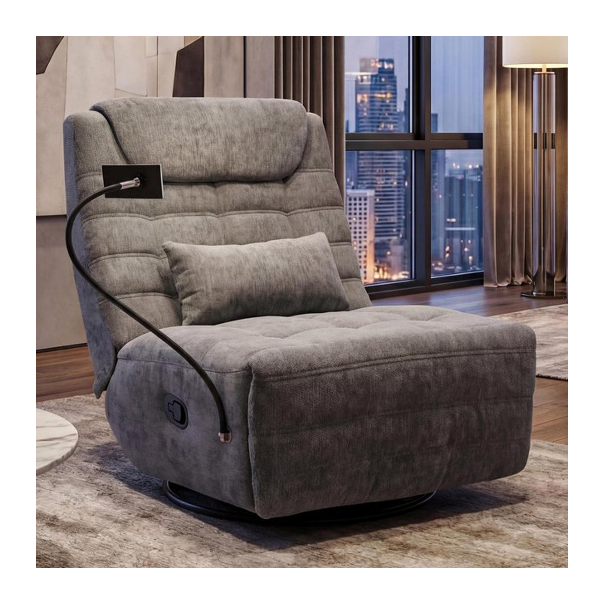 Relaxsessel MCW-P92 in Dunkelgrau mit Chenille-Stoff, drehbarer Basis, Kippfunktion und Handyhalterung - Bild 1