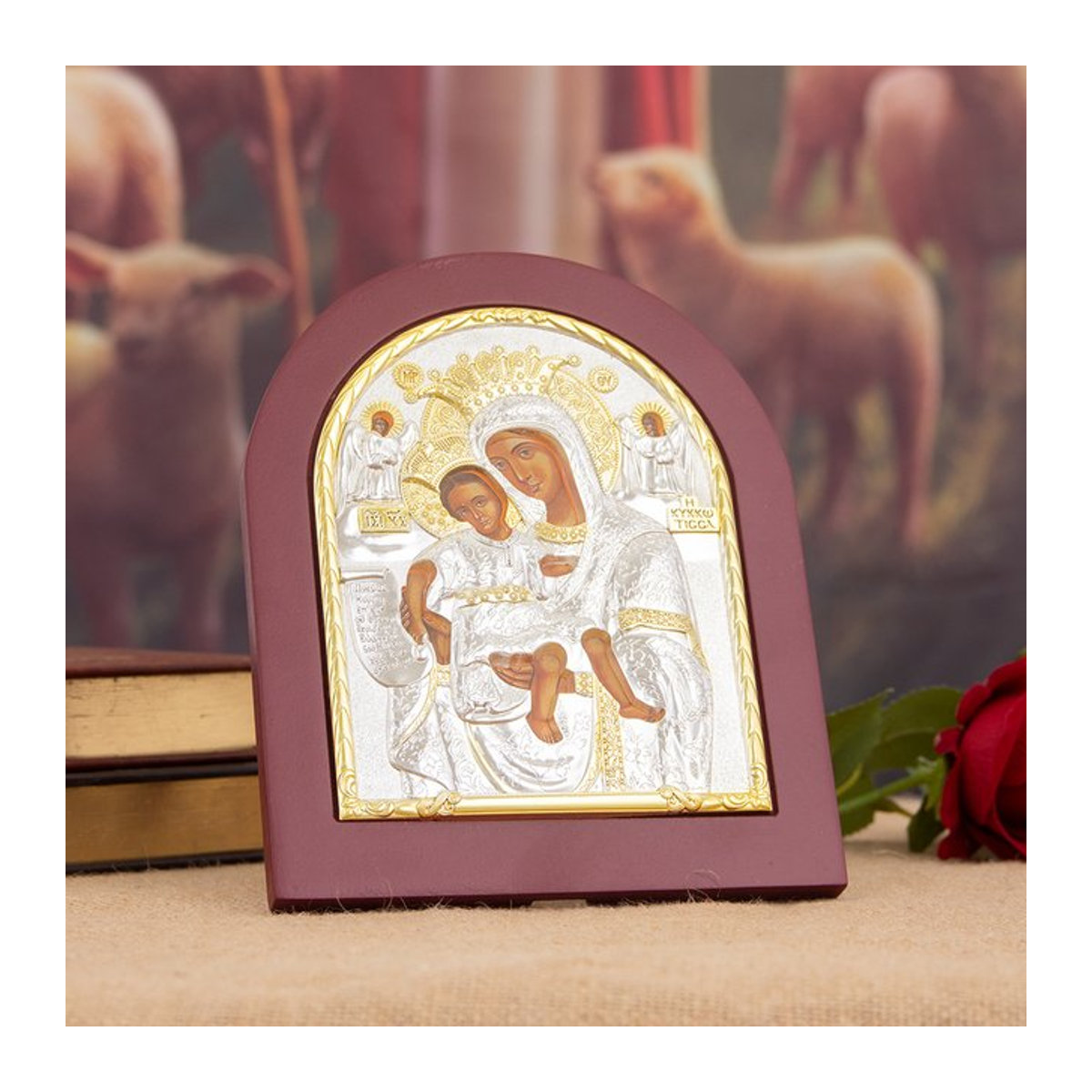 Religiöse Ikone Madonna mit Kind als Ornament in Rot und Gold aus Metall mit Engelsständer - Bild 1