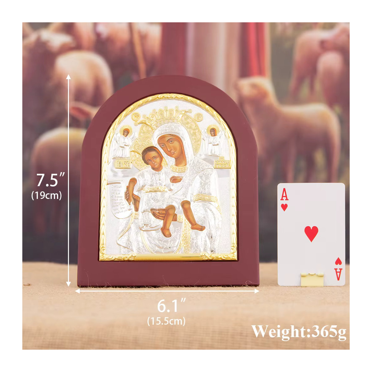 Religiöse Ikone Madonna mit Kind als Ornament in Rot und Gold aus Metall mit Engelsständer - Bild 2