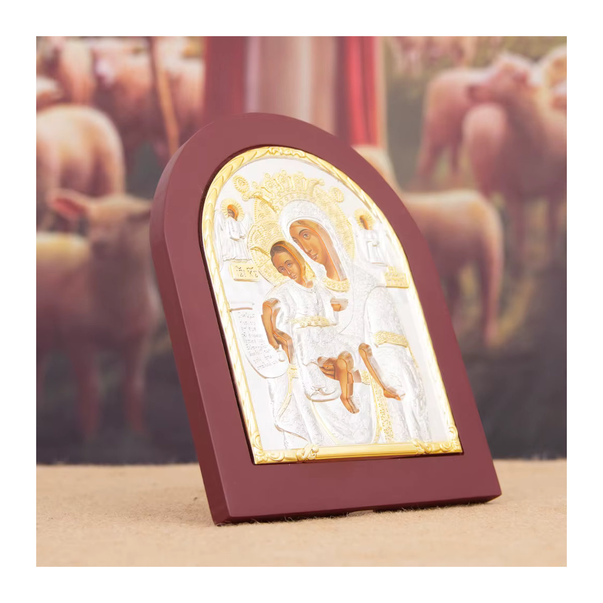 Religiöse Ikone Madonna mit Kind als Ornament in Rot und Gold aus Metall mit Engelsständer - Bild 3