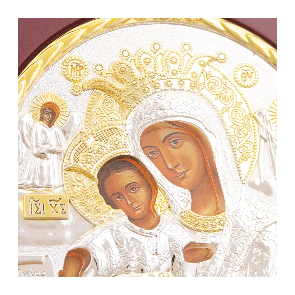 Religiöse Ikone Madonna mit Kind als Ornament in Rot und Gold aus Metall mit Engelsständer - Bild 4