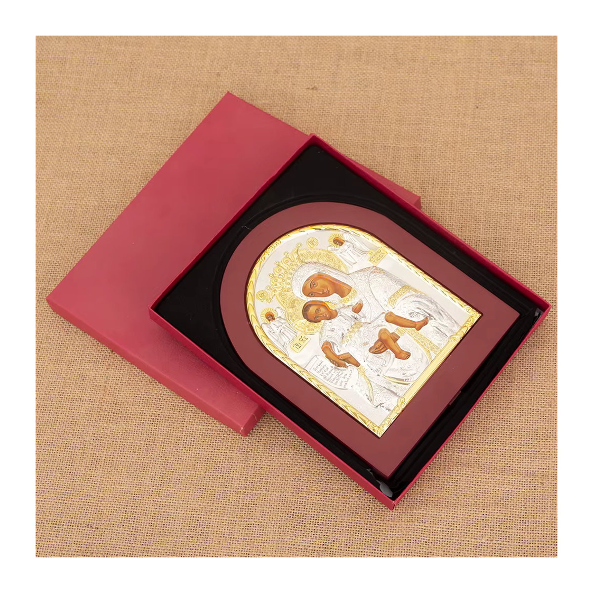 Religiöse Ikone Madonna mit Kind als Ornament in Rot und Gold aus Metall mit Engelsständer - Bild 5