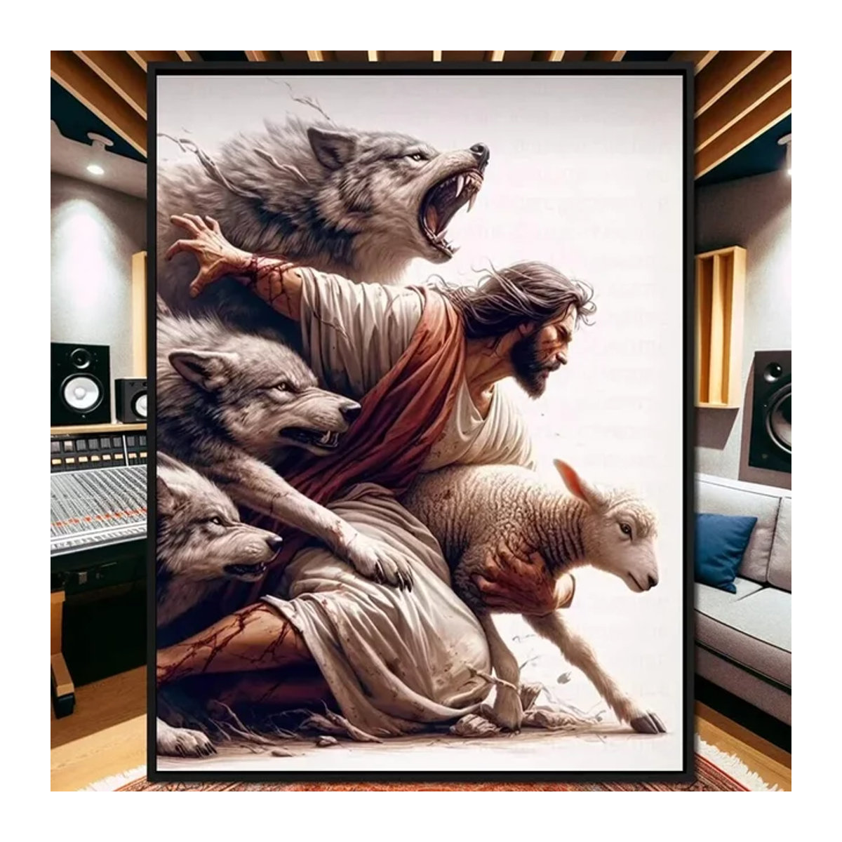 Religiöse Leinwandmalerei Potdemiel mit Jesus und Schäferhund, Mehrfarbiges Poster im Hochformat - Bild 1