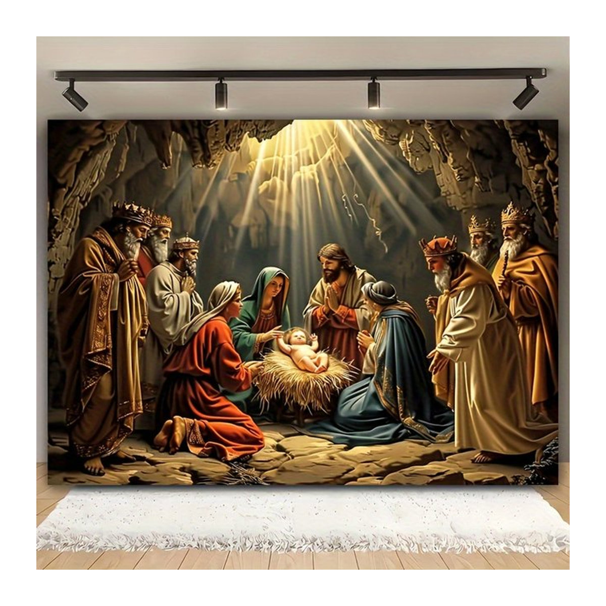 Religiöser Weihnachts-Wandteppich im Vintage-Stil mit Krippenszene, mehrfarbiger Wandbehang für deine Weihnachtsdekoration, B/H: 60 x 60 cm - Bild 1