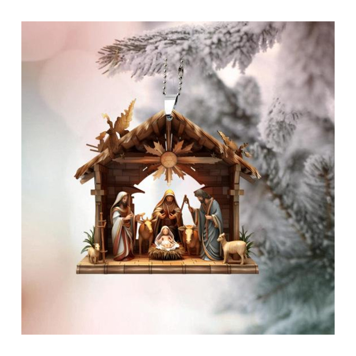 Religiöses Weihnachts-Hängeornament mit Jesus-Familienszene in Mehrfarbig aus Kunststoff - Bild 1
