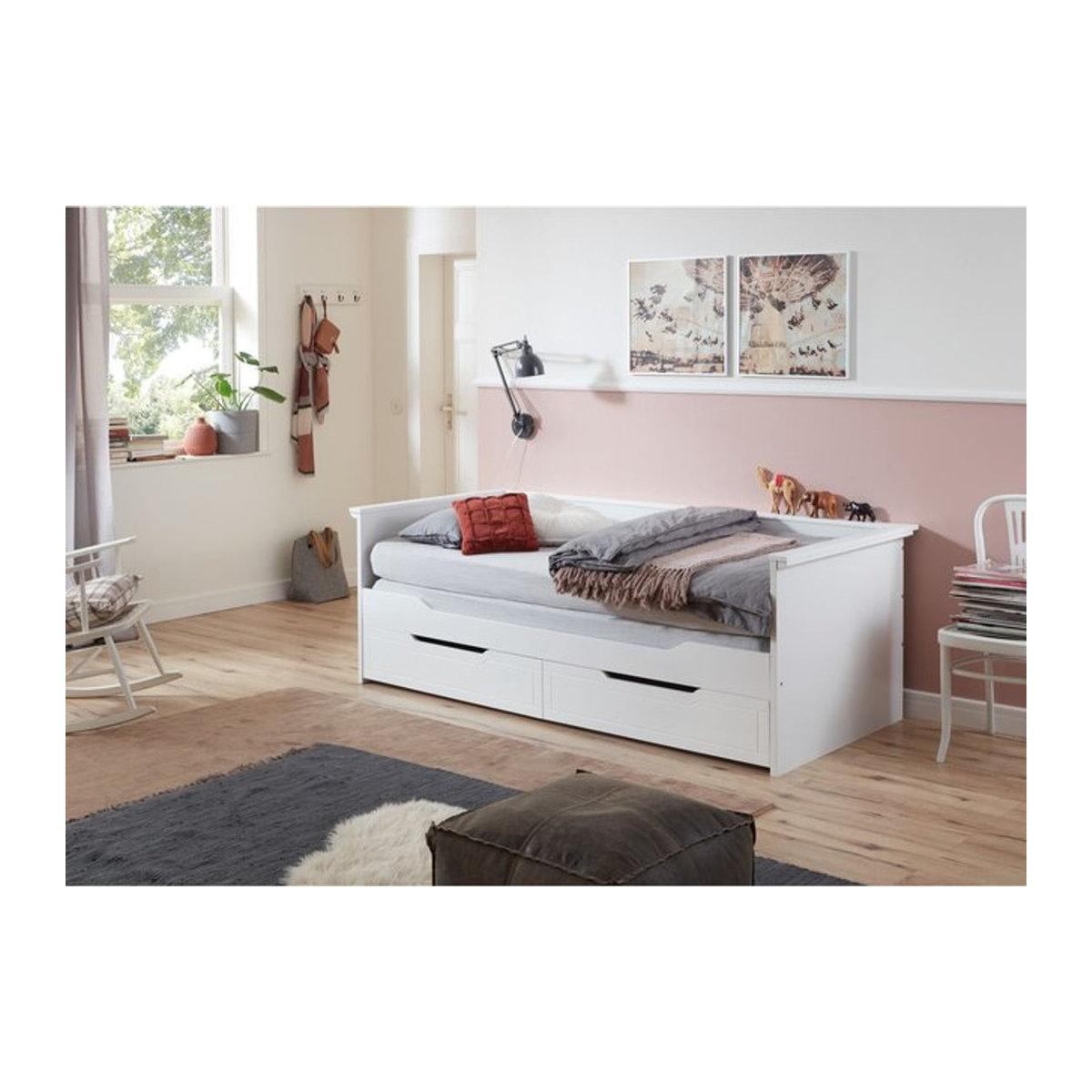Relita Funktionsbett Lina aus Holzwerkstoff in Weiß mit ausziehbarer Liegefläche von 90 x 200 cm auf 180 x 200 cm und 2 Schubladen - Bild 1