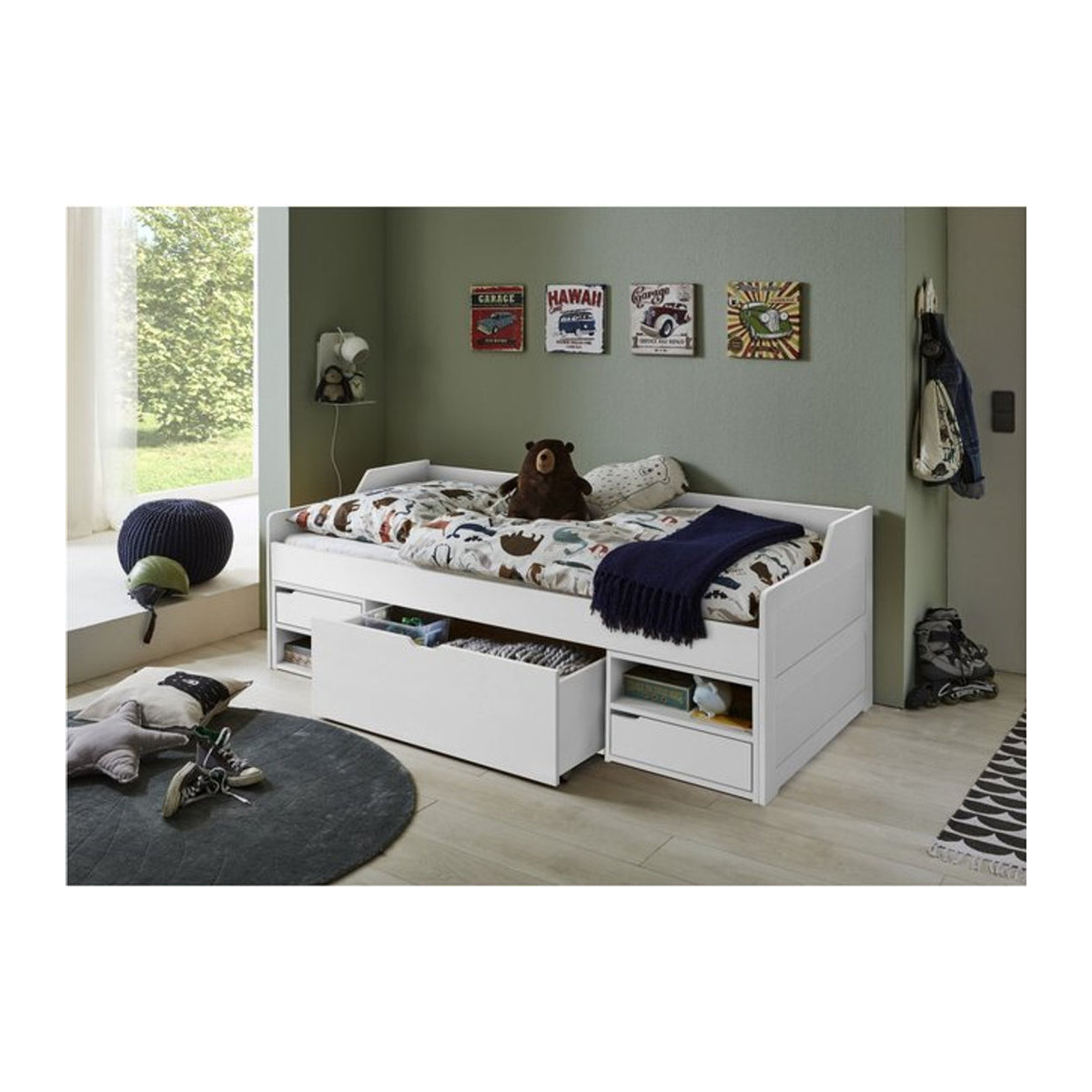 Relita Kojenbett LEVI aus massiver Buche in Weiß, inkl. Rollrost, 2 kleine Schubladen, 2 offene Fächer und 1 große Schublade, B/T/H: 90 x 200 cm - Bild 1
