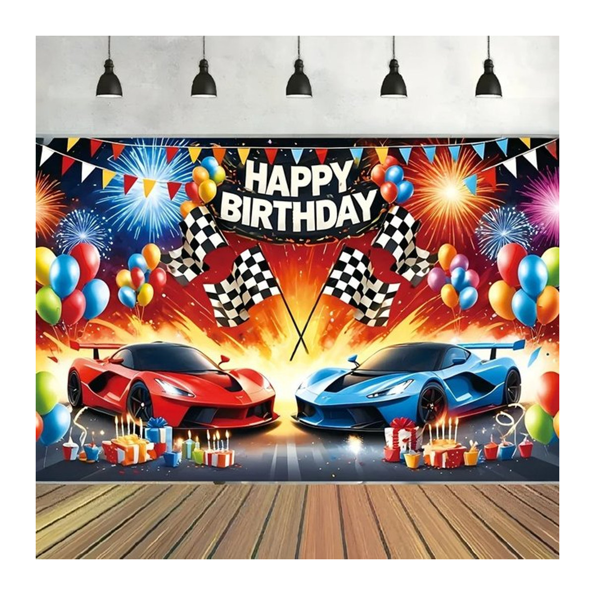 Rennwagen Geburtstagshintergrund in Rot und Blau mit Checkered-Design als Party-Dekoration für Kinder - Bild 1