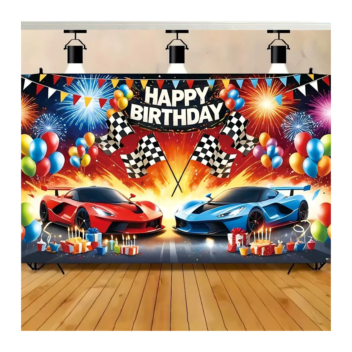 Rennwagen Geburtstagshintergrund in Rot und Blau mit Checkered-Design als Party-Dekoration für Kinder - Bild 3