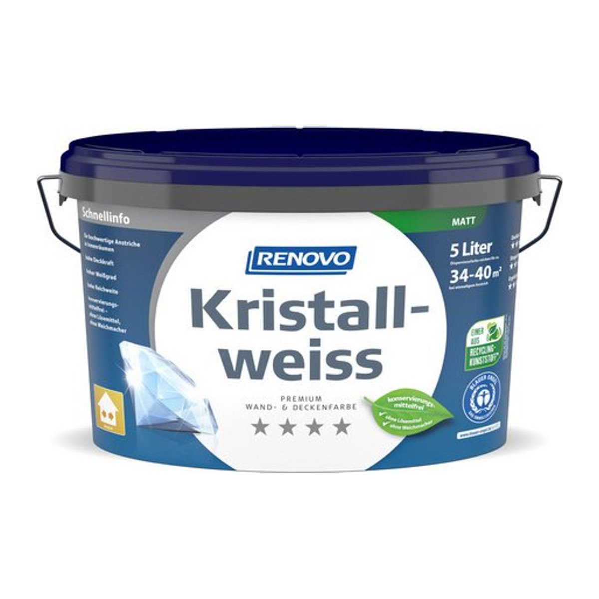 RENOVO Wand- und Deckenfarbe Kristallweiss Matt Acryl Weiß 5l - Bild 1