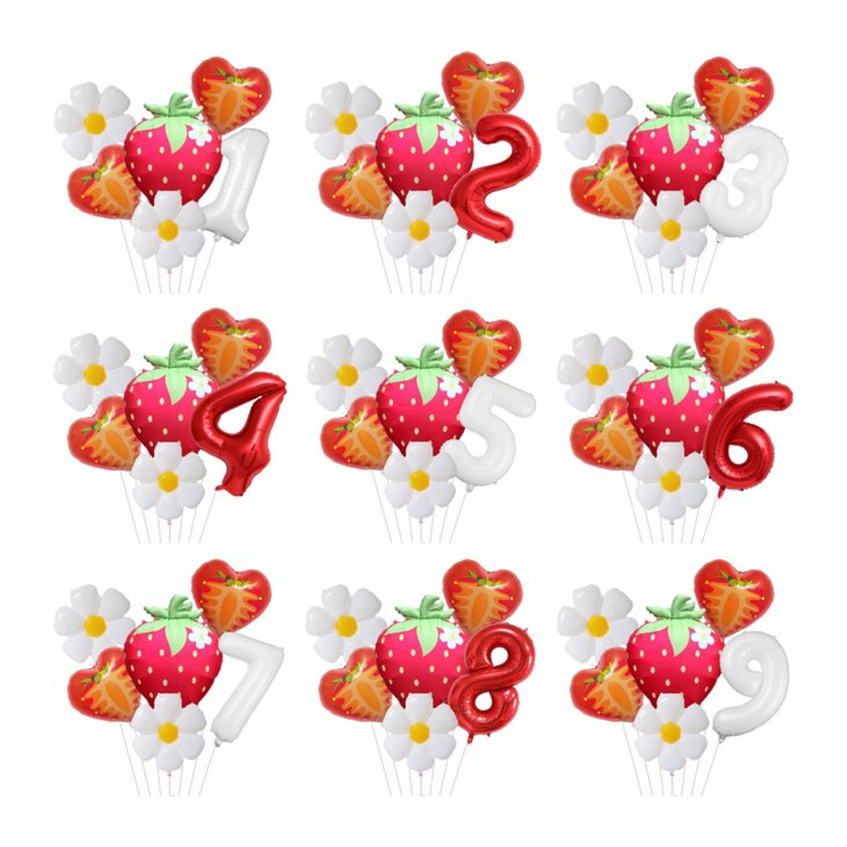 RENYUAN 6er Set Folienballons mit Zahlen 0-9 und Erdbeer- sowie Gänseblümchen-Motiv, 32 Zoll, mehrfarbig, Party-Dekoration für Geburtstag und Babyparty - Bild 1
