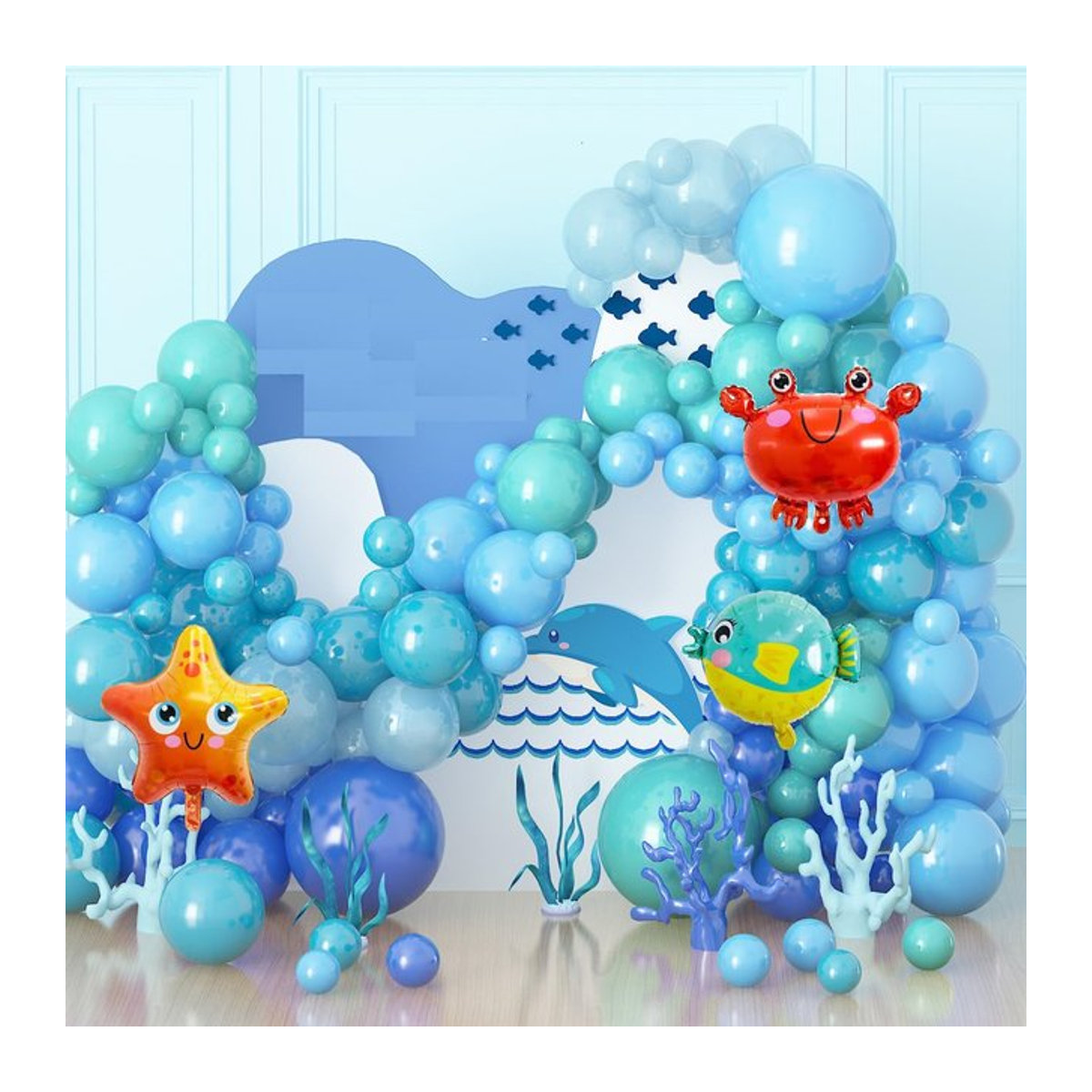 RENYUAN Maritimes Ballon Girlanden Set in Blau mit Seestern, Krabben und Delphin für Geburtstag, Baby Shower oder Hochzeit - Bild 1