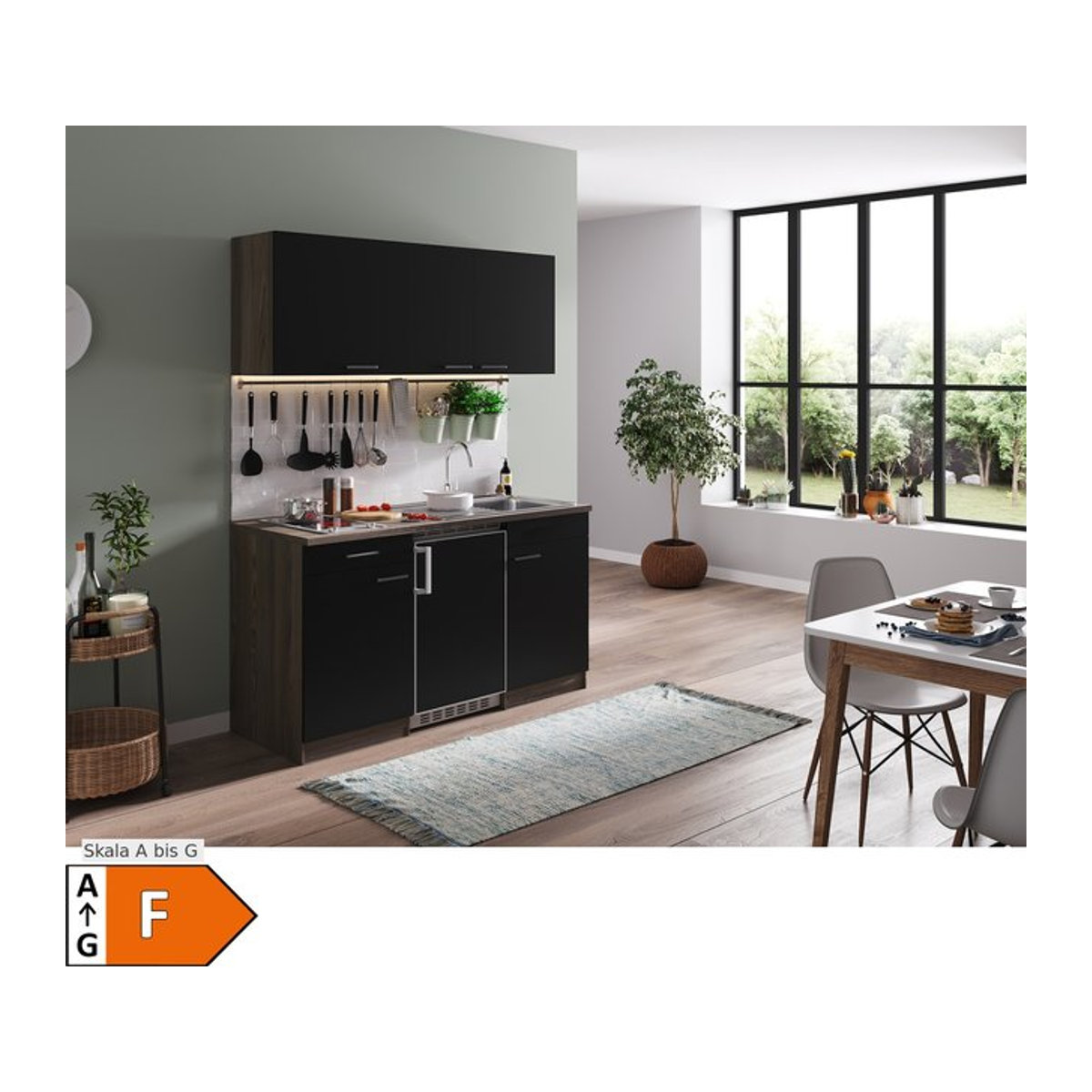 Respekta Küchenzeile KB150EYSC Modern in Schwarz und Eiche York Nachbildung mit Drehtüren, Breite: 150 cm - Bild 1