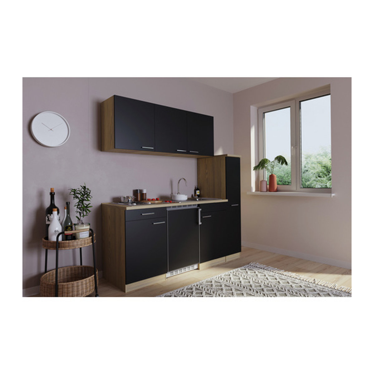 Respekta Küchenzeile KB180ESS in Schwarz und Eiche Sägerau Nachbildung mit Breite: 180 cm - Bild 1