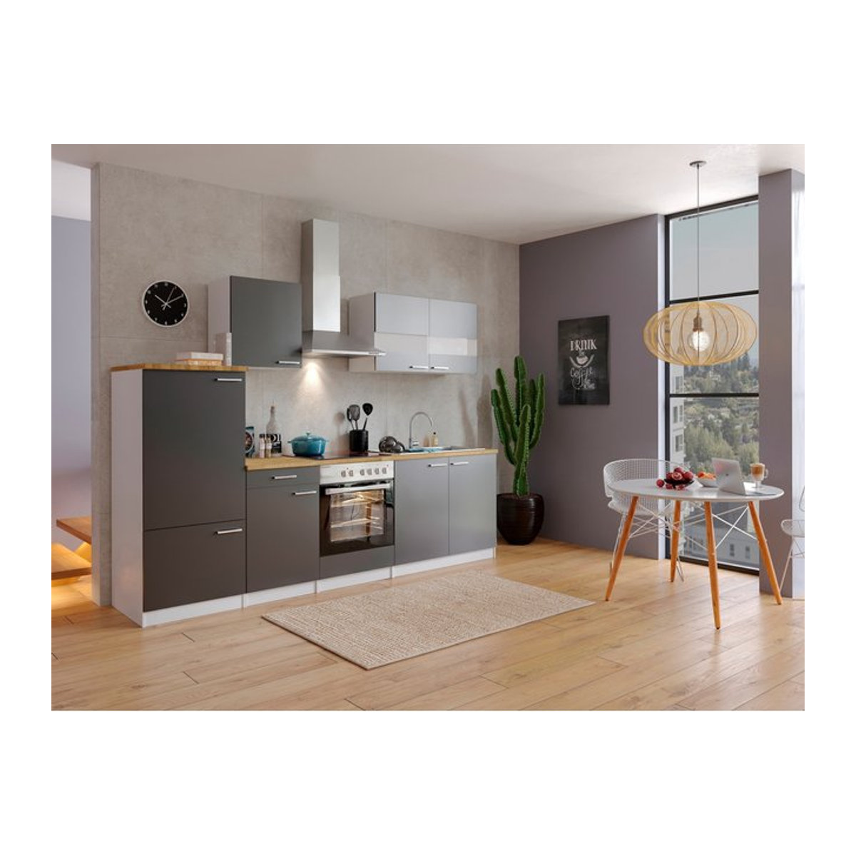 Respekta Küchenzeile KB270WGC Modern in Weiß und Grau mit Edelstahl-Elementen, Breite: 270 cm - Bild 1