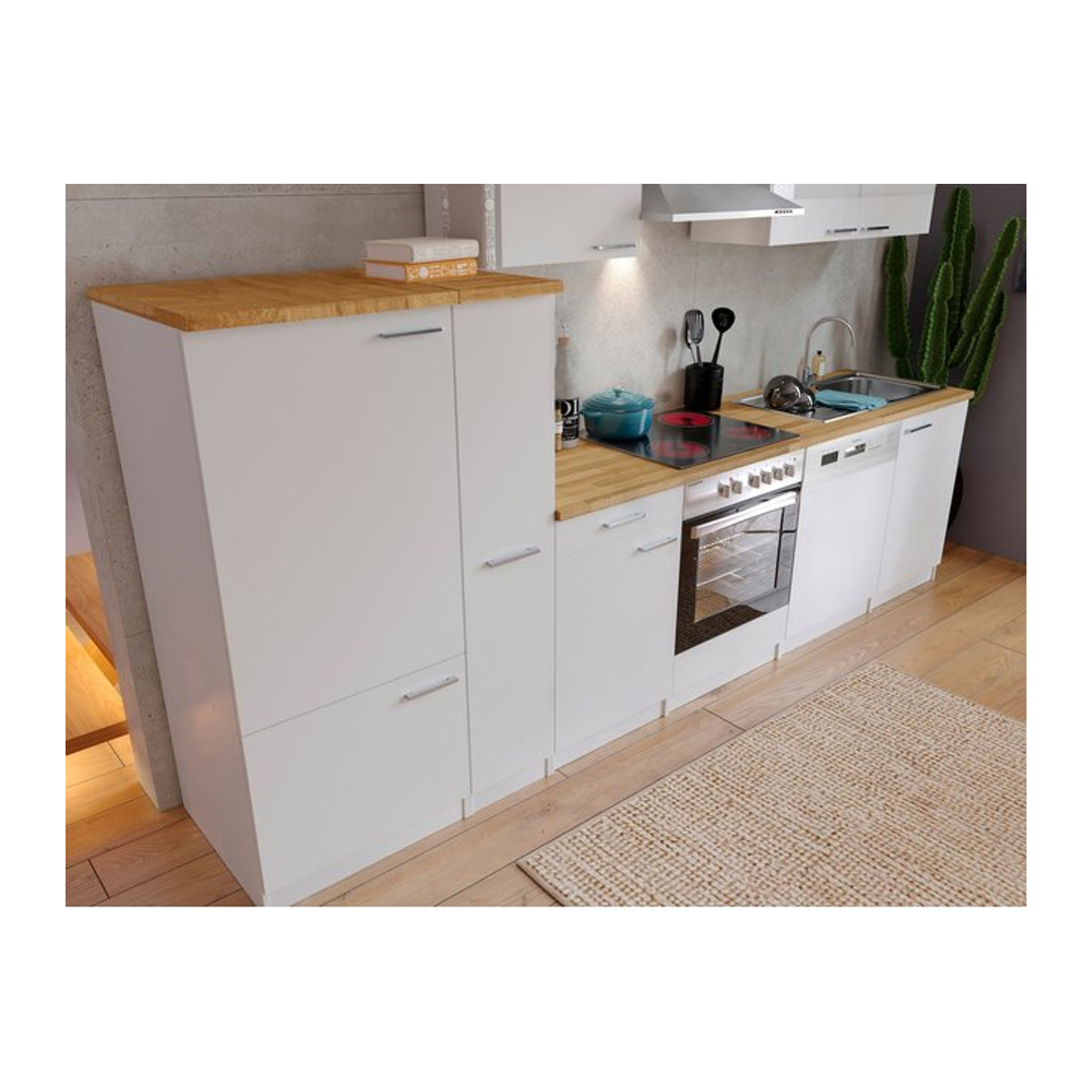 Respekta Küchenzeile KB310WWC in Weiß mit Glaskeramikkochfeld und Edelstahl-Elementen, Breite: 310 cm - Bild 1